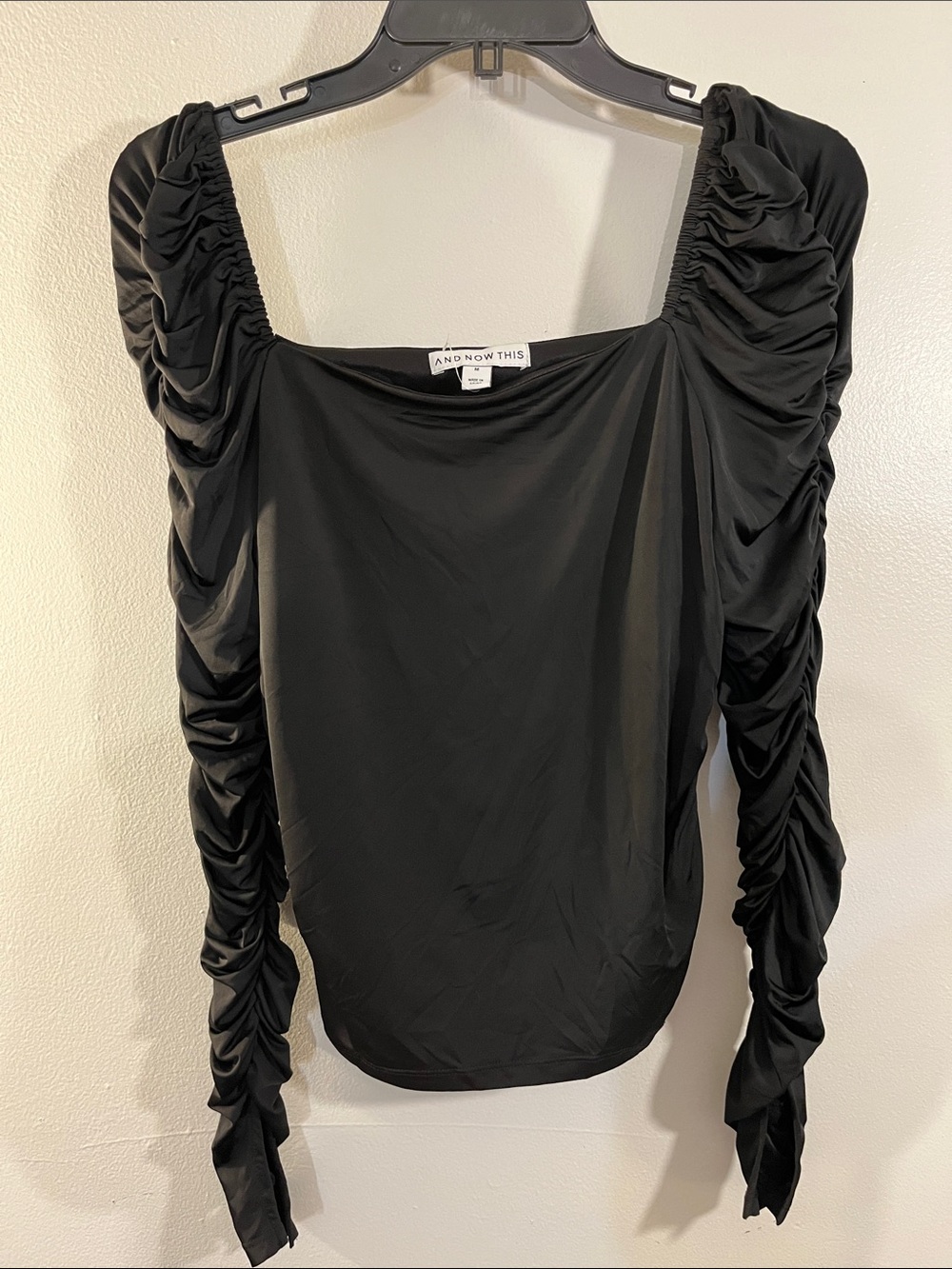 Black Ruched Sleeve Square Neck Top